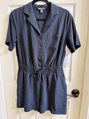 Athleta Black Short-Sleeve Drawstring Romper